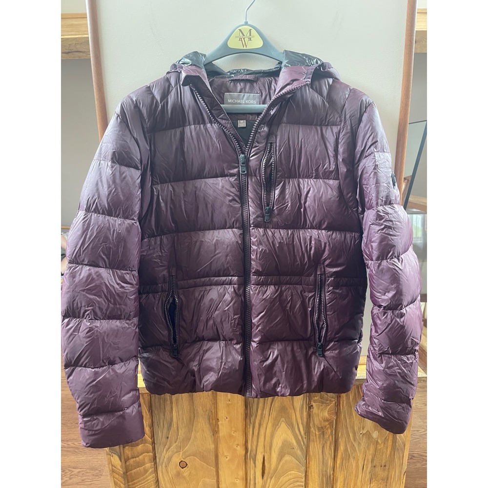 Michael Kors Puffer Jacket Men Medium Purple Hooded Down Feather Fill